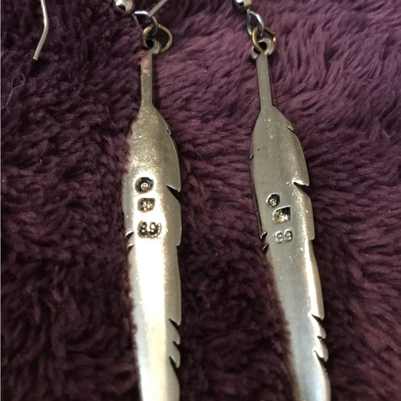 Vintage Native American 925 Arrow Feather Turquoise Dangle Earrings - Picture 5 of 15